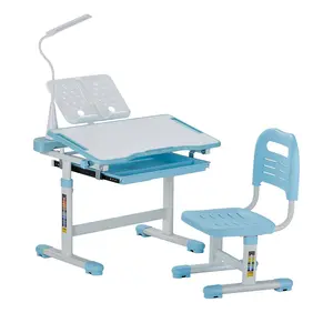 Kids Chair and Desk Set Table Lamp Adjustable Height & Tilted Desktop Blue