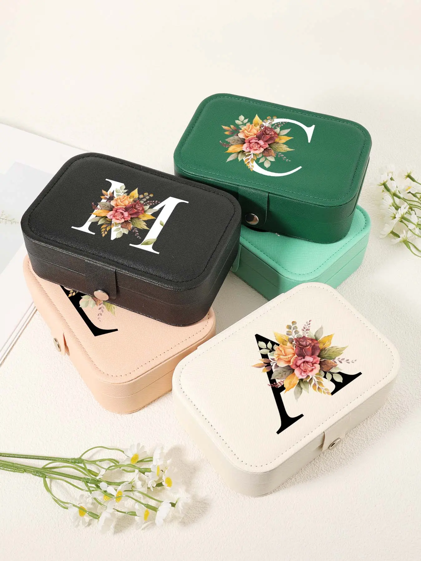 Floral Pattern Initial Letter Design Jewelry Storage Box, Portable Jewelry Organizer, Jewelry Box for Earrings, Necklace, Ring, Flower