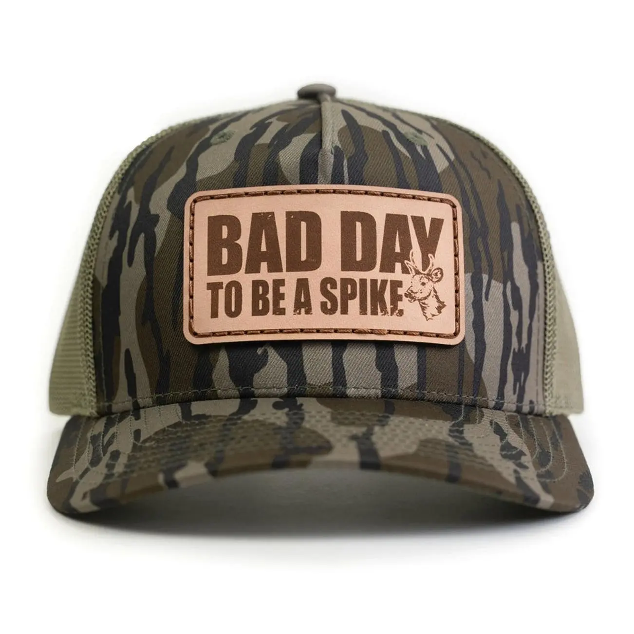 Bad Day To Be A Spike Leather Patch Hat, Funny Deer Hunting Camo Trucker Cap, Men's Whitetail Buck Graphic Snapback, Country Outdoorsman Mesh Back Headwear, Southern Hunter Humor Accessory, Classic Dark Woods Camouflage Apparel