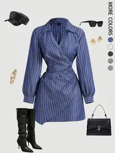 Women's Plaid Print V-Neck Lantern Sleeve Ruched Fitted Mini Dress, Suitable For Work, School, Casual Wear, Fall Clothes For Women,Shirt Dress,Brown Plaid,Office Outfit,Long Sleeves,Fitted Waist Stripe Print Dress，Irregular dress, Striped