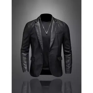 2025 New Trend Slim-fit Leather Blazer for Men, Casual Leather Jacket, Popular Men's Jacket Style Menswear Coats Tops Long Sleeve Beige Plain