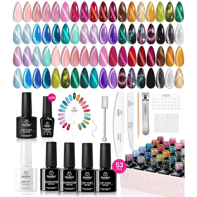 Beetles Gel Nail Polish Set- Red Purple Brown Green Burgundy Pearl Glitter Cat Eye Gel Nail Polish with Base Gel Glossy Matte Top Coat Magnet,Soak off UV Nail Gel Spring Summer for Women DIY Nail Art Salon Manicure #Summervibes, Pouch, Storage