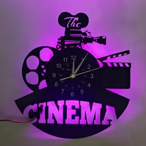 Vintage Movie Themed Vinyl Record Wall Clock with LED Seven-Color Lighting and Remote Control, Silent Quartz Movement, Camera and Film Reel Design, Ideal for Living Room Bedroom Decor and Gifts