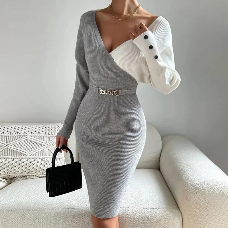 CHICME 2026 Colorblock V-Neck Long Sleeve Knit Sweater Dress Button Decor Midi Dress for Wedding Guest & Wedding