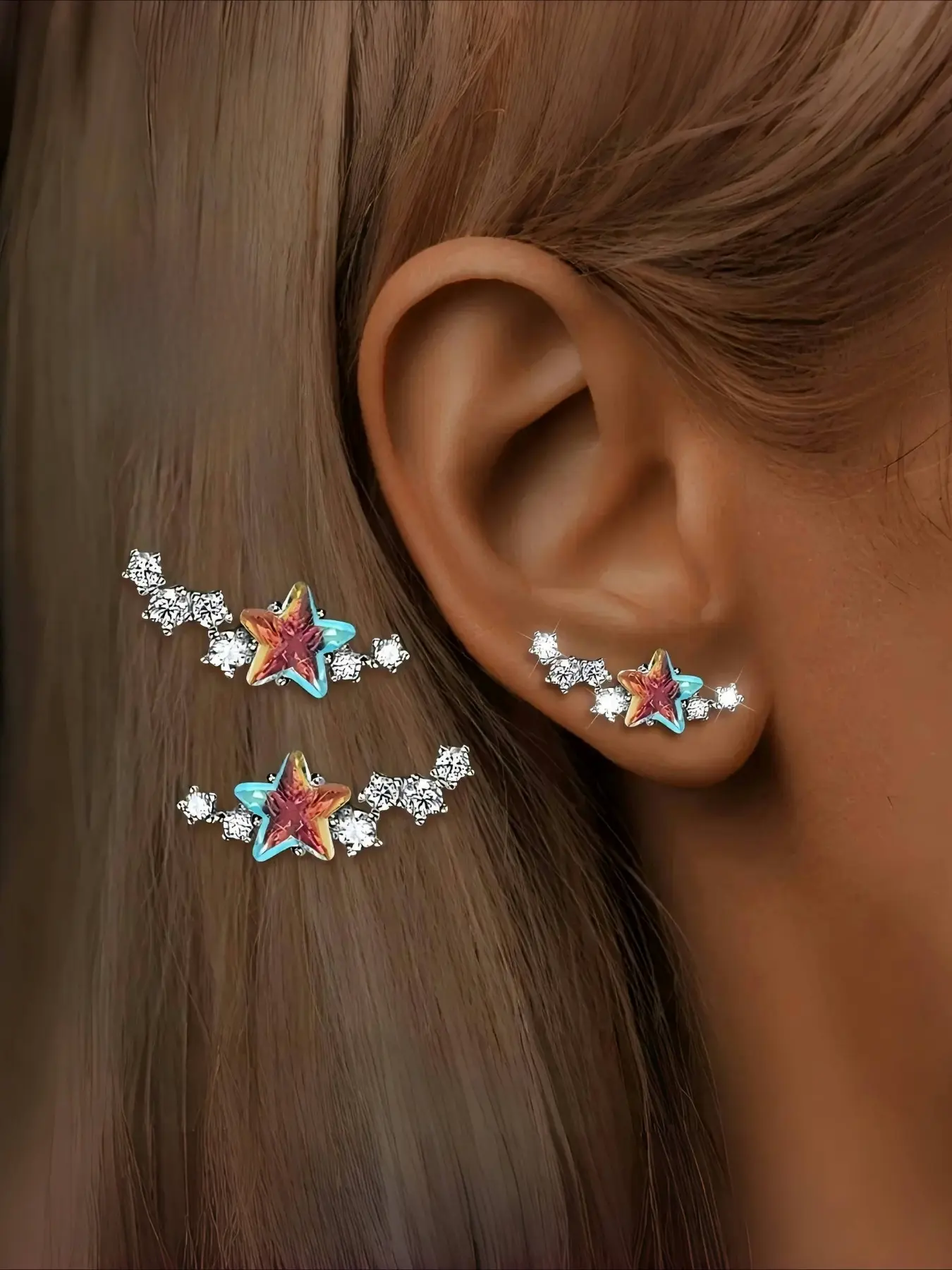 Pair of S925 Silver AB Color Star Stud Earrings with Colored Synthetic Zirconia, Stud Earrings Jewelry, Ultra Sparkling, Perfect for Parties and Music Festivals, Versatile Casual Attire, Vacation Style, Trendy Fashion, Hypoallergenic