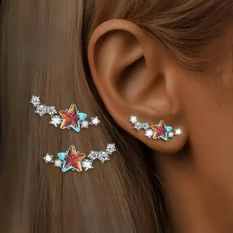 Pair of S925 Silver AB Color Star Stud Earrings with Colored Synthetic Zirconia, Stud Earrings Jewelry, Ultra Sparkling, Perfect for Parties and Music Festivals, Versatile Casual Attire, Vacation Style, Trendy Fashion, Hypoallergenic