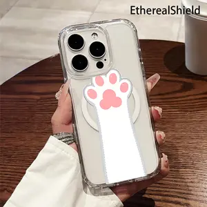 Cute Pink Cat Paw with Soft Playful Charm Printed Phone Case, Transparent Acrylic Magnetic Shockproof Hard Case with Magnetic Ring, Wireless Charging, Fit for iPhone 17 E Air Pro ProMax iPhone16 15 14 Plus 13 12 Mini 11 X XS XR