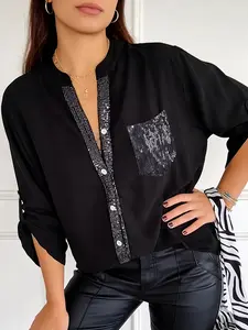 A women's black stylish sequin decorated long sleeved shirt with sequin elements, suitable for commuting to work, shopping and outdoor activities, indoor and outdoor dressing