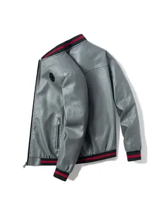 Men's Synthetic Leather Flight Jacket, Striped Ribbed Neckline, Casual Motorcycle Jacket with Zip Pockets, Perfect for Daily Wear and Street Style