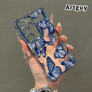 Butterfly Blue Dream Pattern Phone Case Suitable for Samsung Galaxy S26 S23 Ultra S24 Plus S25 S22+ FE Edge Four Corner Air Cushion Anti Drop Transparent Full Coverage Cover