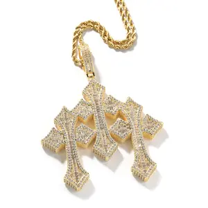 Hiphop brass micro pave iced out baguette cz exaggerate 3 cross pendant rapper jewelry necklaces for men