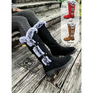 Women's Fuzzy Winter Warm Boots, Solid Color, Flat Design, Soft Sole, Anti-Slip Tall Snow Boots, Perfect for Christmas