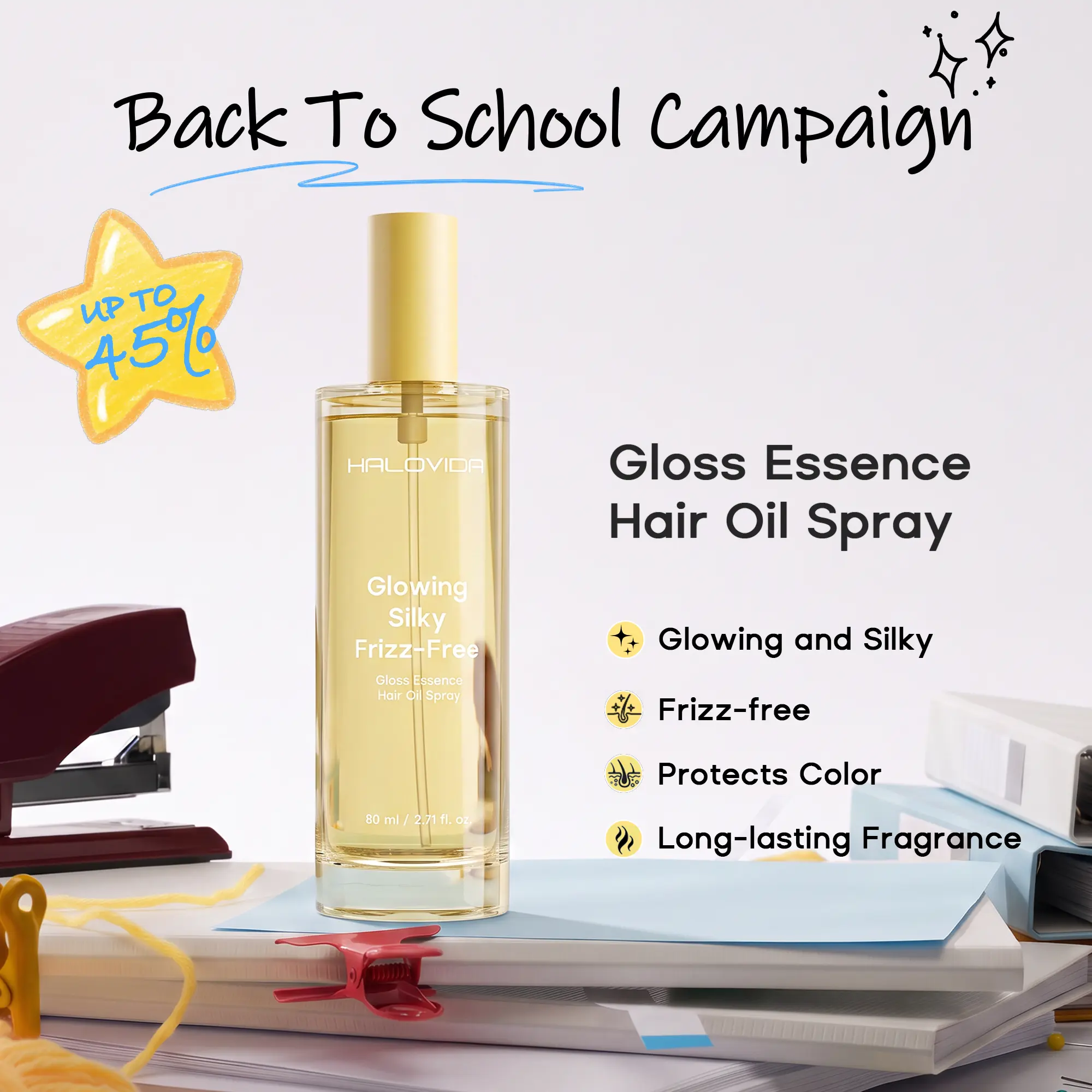 HALOVIDA Gloss Essence Hair Oil Spray,Glowing & Silky Hair,Repair & Heat Protection,Advanced Color Protection,Long-lasting Fragrance,Pure,Jojoba Oil,With Camellia Squalane,ZORYALYS Complex,#backtoschool