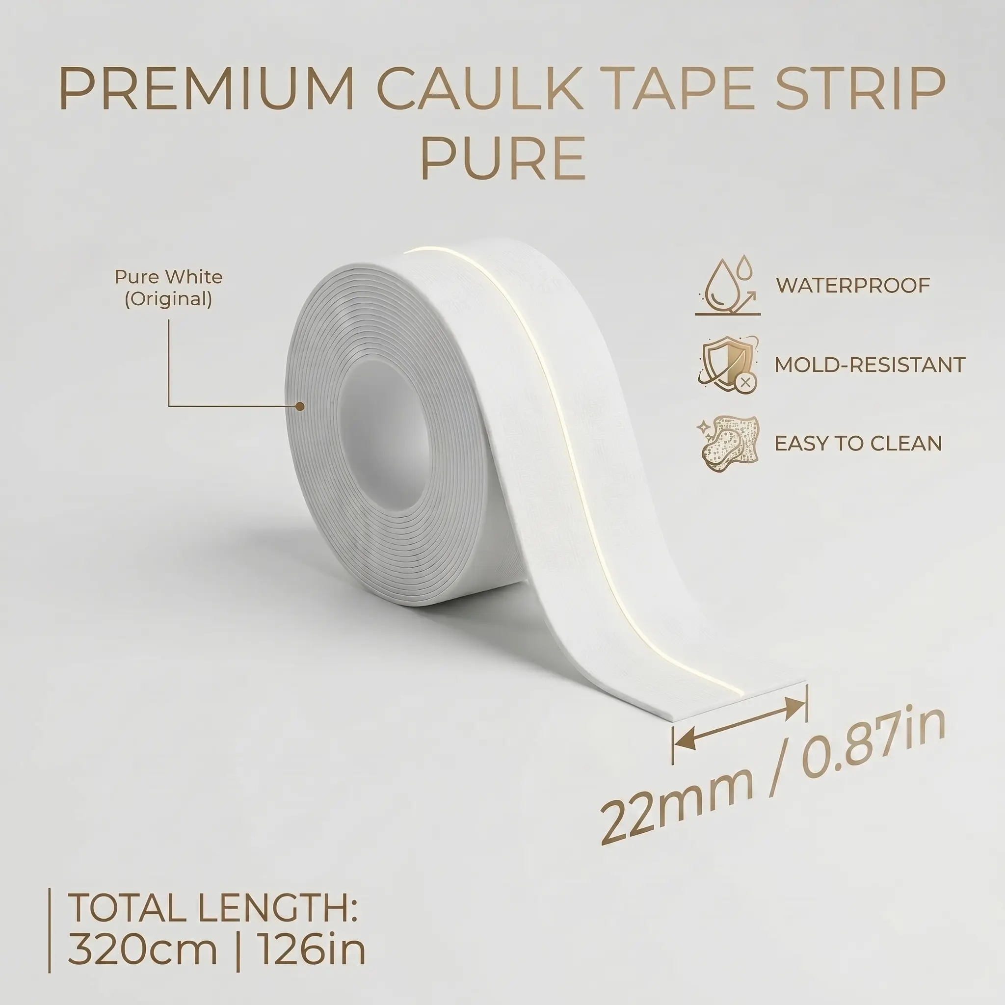 White Waterproof Self-Adhesive Caulking Tape (10.5ft-0.87in) - Anti Leak, Glueless Adhesive, Leak Proof Seal, Long Lasting, Easy Application for Bathroom Seals, Kitchen Sink Edges