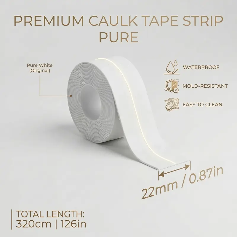 White Self-Adhesive Waterproof Caulking Tape (Single Roll, 3.2m/10.5Ft/0.87In), Anti Leak Bathroom Seals, No Mess, Durable Wear-Resistant, Glueless Secure Grip, DIY Simple Home Supply for Sink Edge Sealing