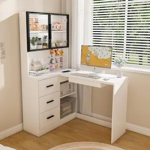 L-Shaped Computer Desk with LED Lights & Glass Cabinets, Features USB Charging Ports and Keyboard Tray, Ideal for Home Office, Gaming Setup, and Corporate Workspace Use, White Storage Drawer Platform