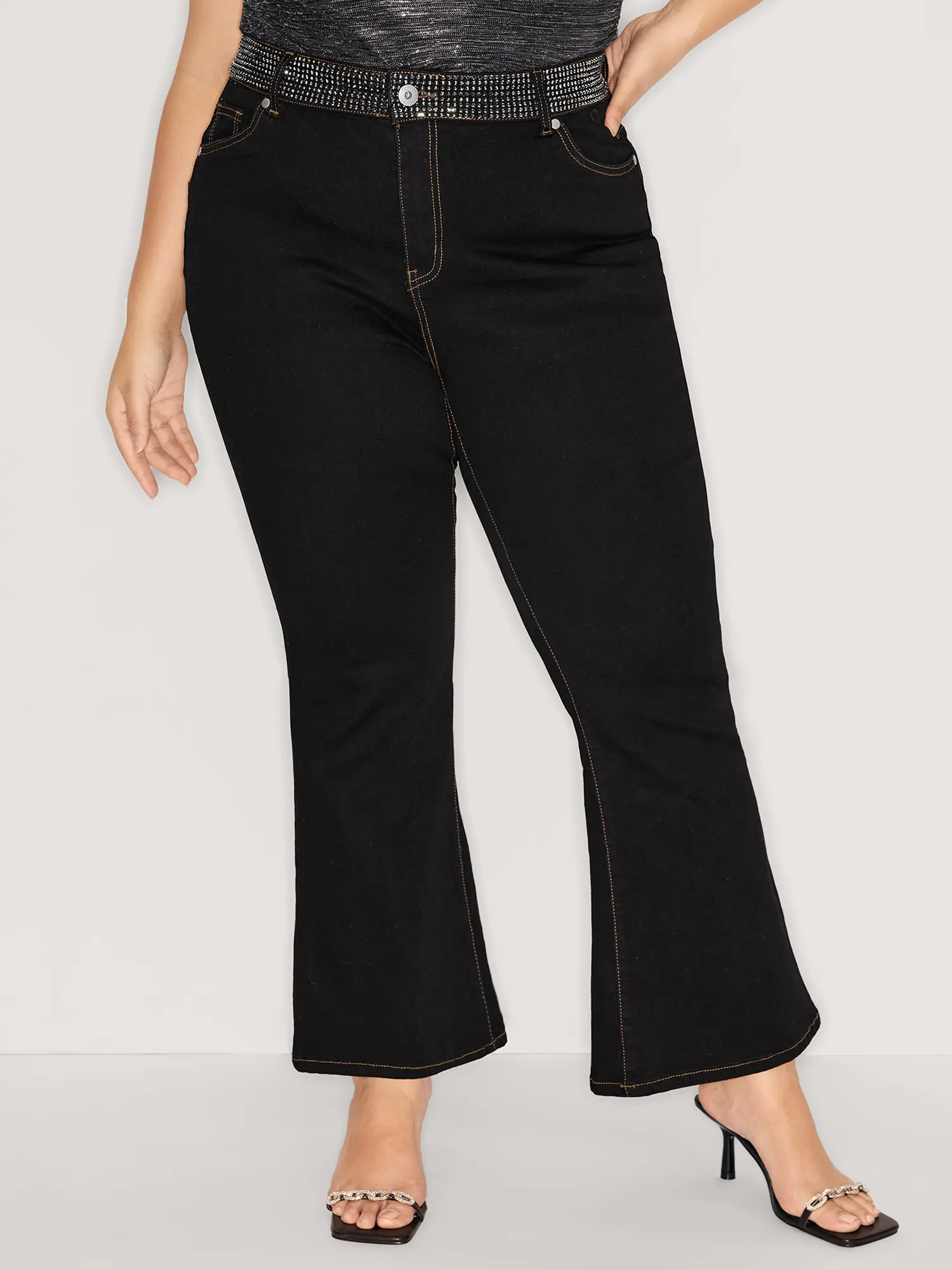 Plus Size Women's Flare Bootcut Jeans in High Stretch Dark Wash Denim with Tummy Control and Rhinestone Pockets, Spandex, Bottoms, Fabric, Flared Jeans, Rhinestones, Cotton, Stretch Jeans