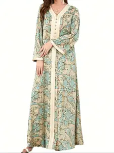 Arabian Women Jalabiya Clothing Weekend Wear, Ramadan Muslim Eid Islamic Print Abaya, Turkish Robe, Moroccan Abayas For Loose Floral Modest Outfits, Premium Quality, Comfortable Fit, Pattern Style