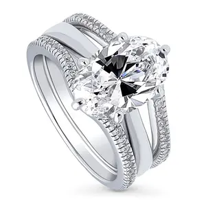 BERRICLE Sterling Silver Solitaire Wishbone Engagement Rings Statement Stackable Band for Women, 3 Carat Oval Cut Cubic Zirconia CZ Ring Set