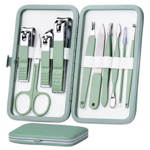 Manicure Set 10 in 1 Stainless Steel, Nail Clippers Scissors Pedicure Tools Kit - Portable Travel Grooming Kit for Men and Women with Leather Case (Jade Green)