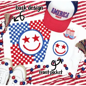 Red and Blue Checkered Happy Face Fluffy Patches