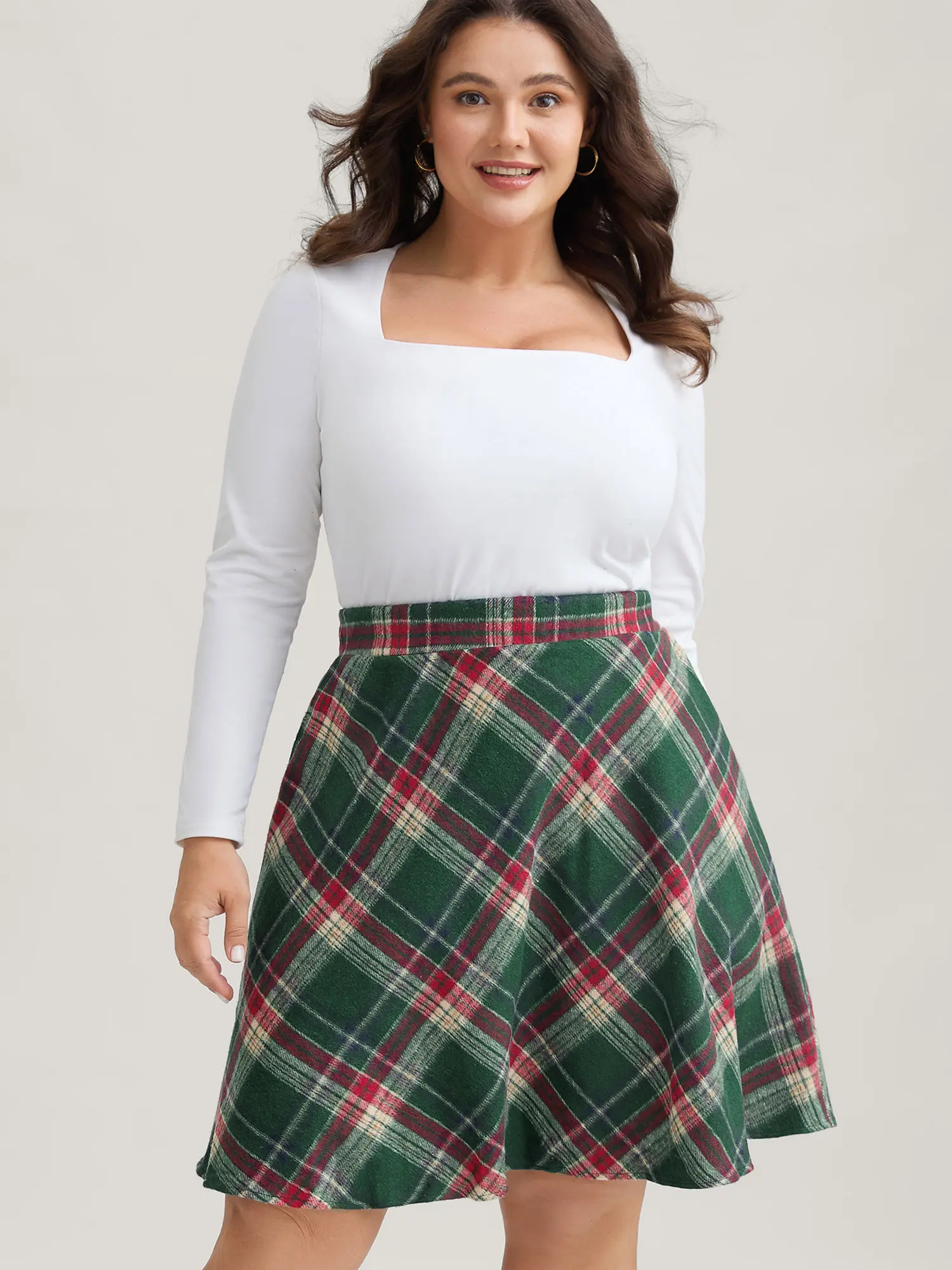BLOOMCHIC Women's Plus Size Preppy Plaid A-Line Midi Skirt - High Elastic High Waist, Slant Pockets, Polyester-Cotton-Rayon Blend Fabric, Low Stretch, Blue, M-6X, Cold Wash, Women's Bottoms, Fitted