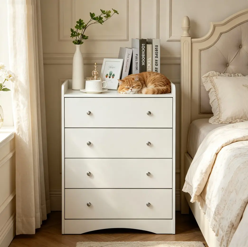White Dresser, 4 Drawer Dressers Chest of Drawers, Modern Tall Dresser, Wood Drawer Chest Storage Cabinet for Living Room, Hallway, Entryway, Home Office, Ivory White