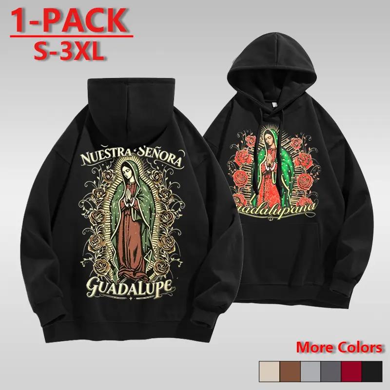 100% Cotton Our Lady of Guadalupe Front and Back Print Hoodie, Vintage Nuestra Señora De Guadalupe Pullover Sweatshirt, Chicano Streetwear Long Sleeve Hooded Top,Nuestra Señora Guadalupe 1-Pack Black Hoodie with Floral Design and Text Menswear