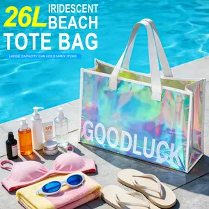 Aibesser 26L Holographic Iridescent Clear Beach Tote Bag High Capacity Waterproof Foldable Portable Shoulder Bag for Summer Essentials Pool & Gym Use outdoorfun