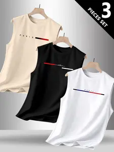 Men's Trendy Print Round Neck Sleeveless Vest Set, Casual Comfortable Top, Sleeveless Workout Vest, Perfect for Summer Outdoor Fitness Wear