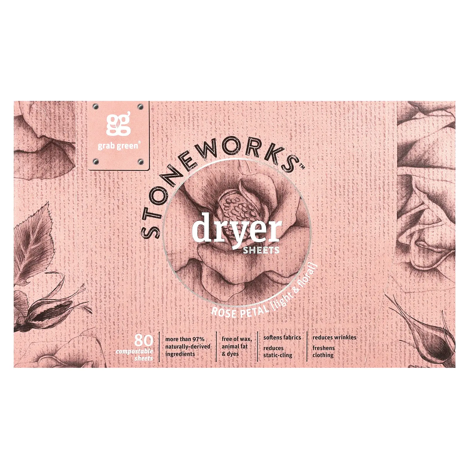 Grab Green Stoneworks, Dryer Sheets, Rose Petal, 80 Compostable Sheets
