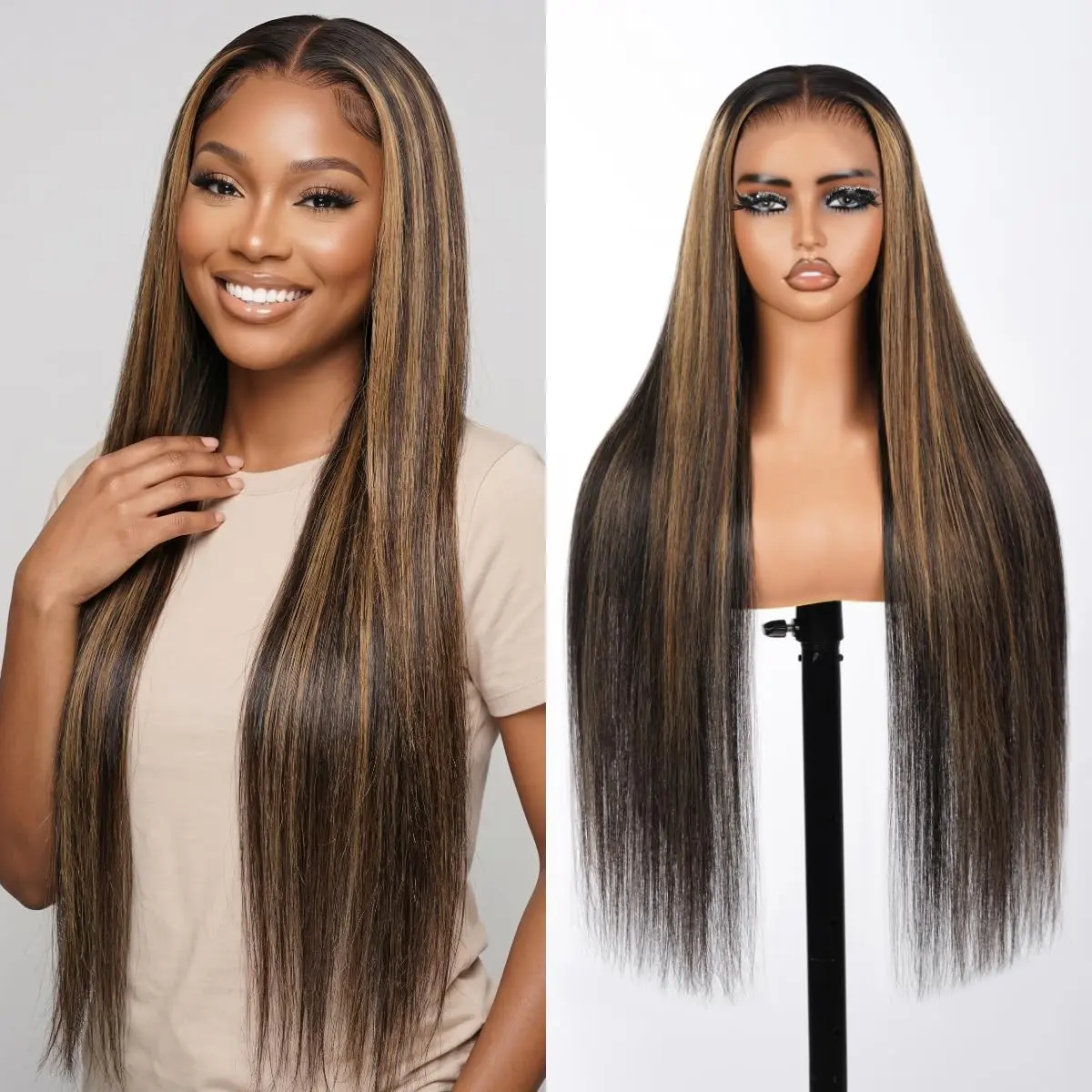 Megalook 6x5 Glueless Wig Ombre Highlight Straight 100% Human Hair Pre Plucked Pre Bleached Pre Cut Lace Closure Wigs
