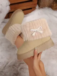 Women's Winter Thick Fleece Mid-Calf Boots, Cute Winter Boot, Warm Snow Boot with Laces, Casual Above Ankle Shoes, Textile Material, Plain Pattern