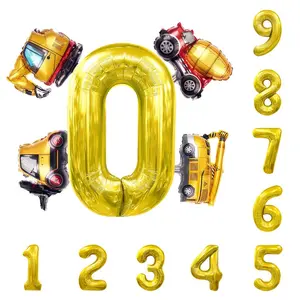 5-piece set of architectural theme birthday digital balloons: Engineering vehicle series golden numbers 0-9, including bulldozers, excavators, dump trucks, forklifts, mixer trucks, and crane balloons. Suitable for architectural theme parties