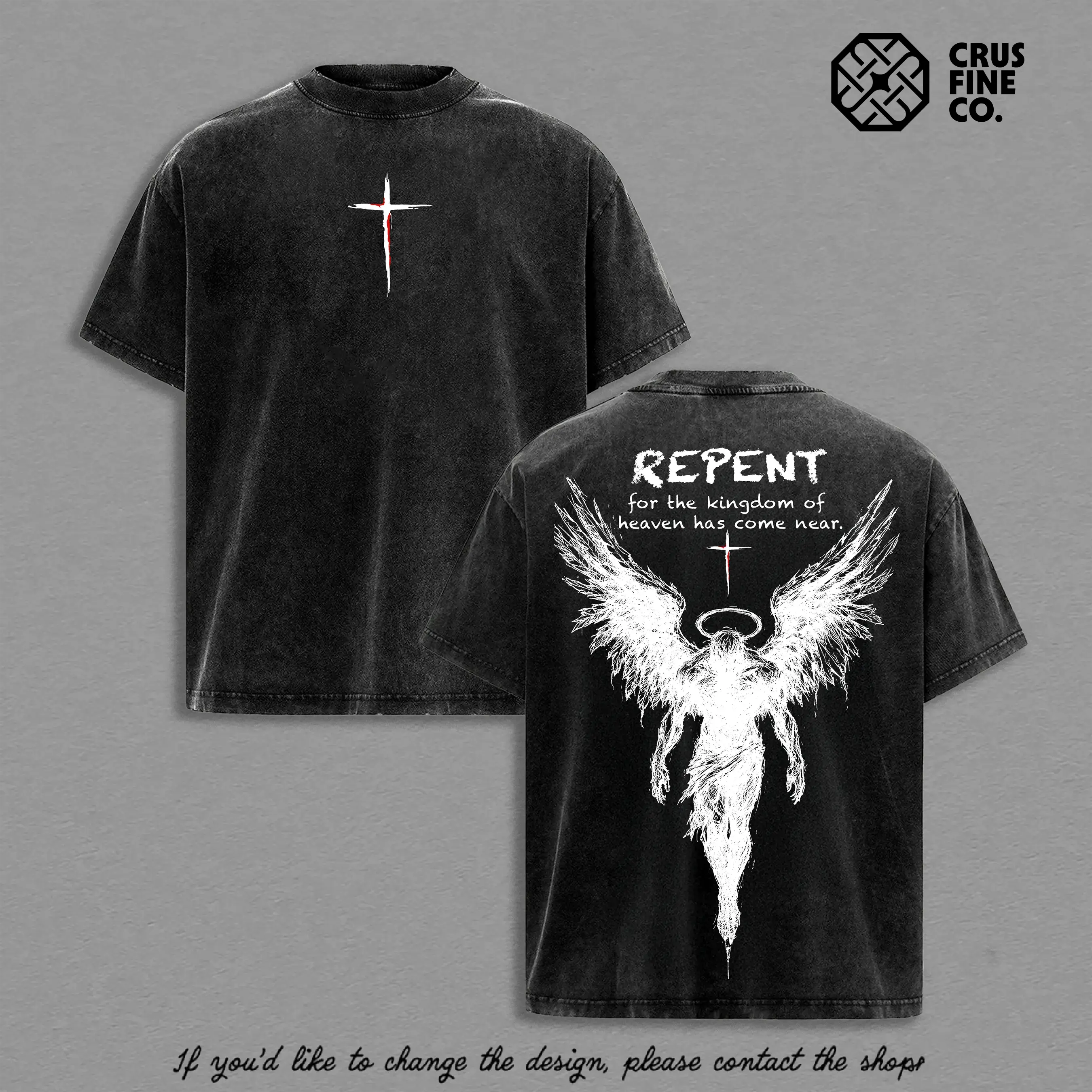 Christian Oversized Acid Wash T-Shirt | Vintage Angel Wings Cross Graphic Tee | Streetwear Faith Religious Short Sleeve