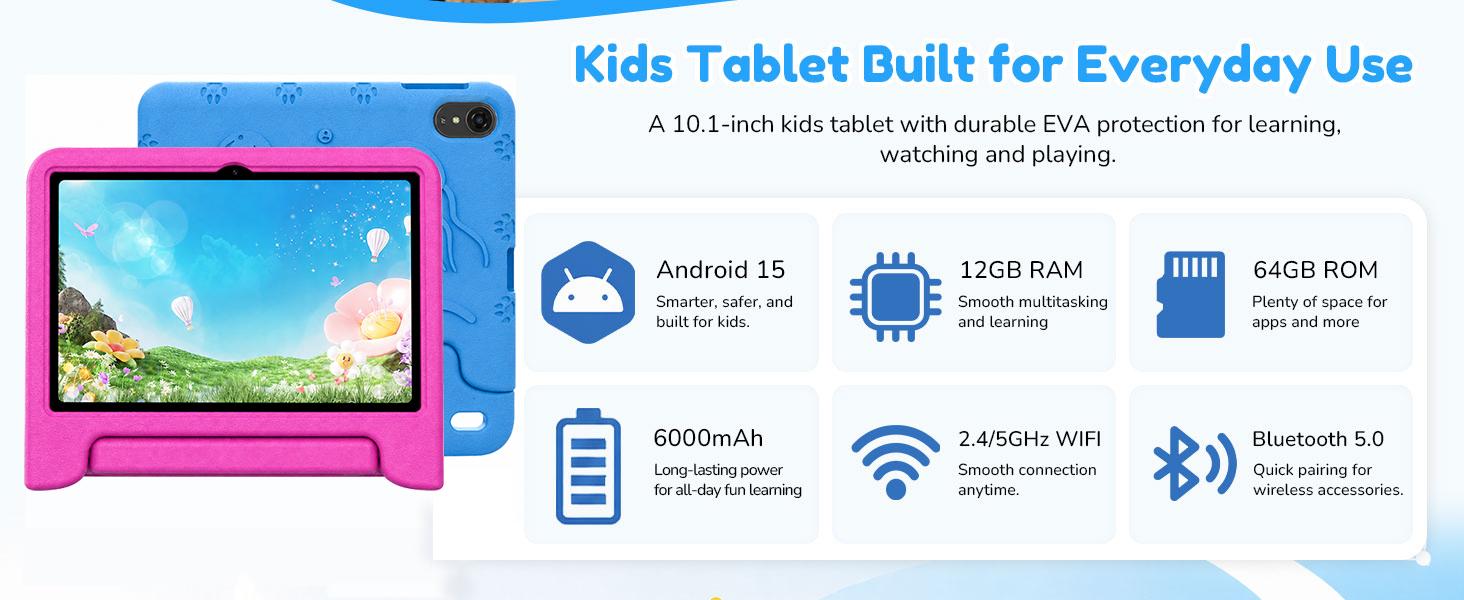 【SummerTurnUp】JUNINKE 10 inch Kids Tablet, Android 15 Tablet for Kids with Shockproof Case, 64GB Storage, Quad-Core, Dual Camera, Parental Controls, 2.4G WiFi, Educational Tablet for Boys and Girls