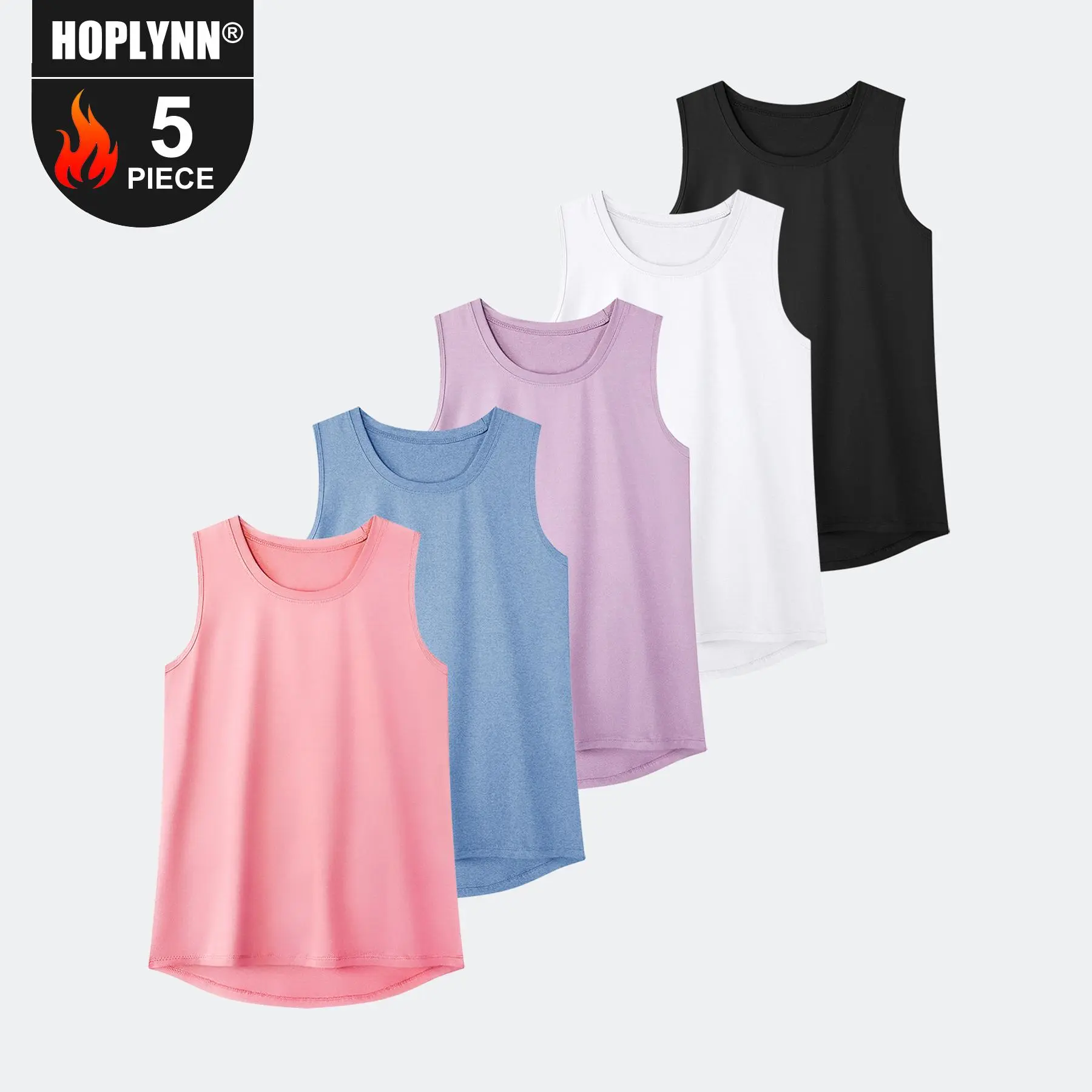 HOPLYNN Women's 5-Pack Quick Dry Polyester Tank Tops, Breathable Comfortable Elastic Fabric Sleeveless Athletic Tops for Yoga, Gym Workouts, Fitness, Lightweight, Everyday, Fitted