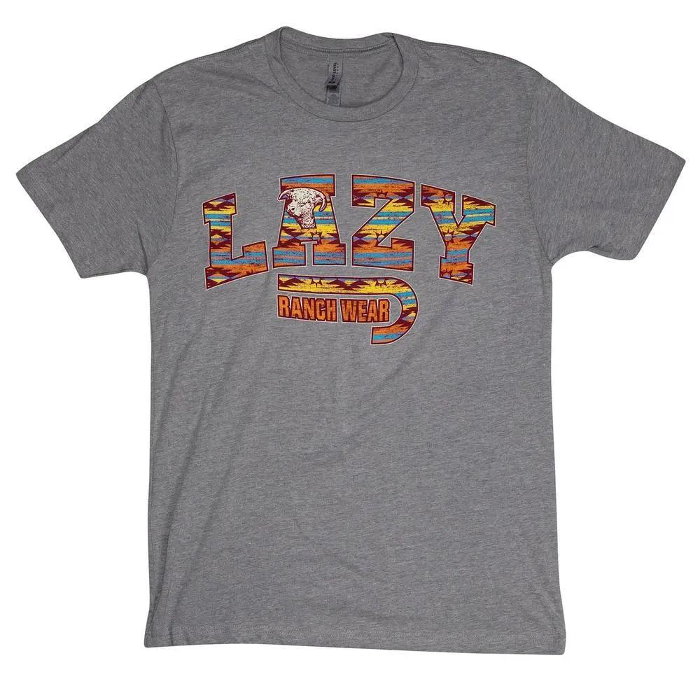Lazy J Ranch Santa Fe Aztec Men's Short-Sleeve Cotton Casual Tshirt - Light Grey, Menswear Top, Shortsleeve, Cotton Blend, Logo Sleeve