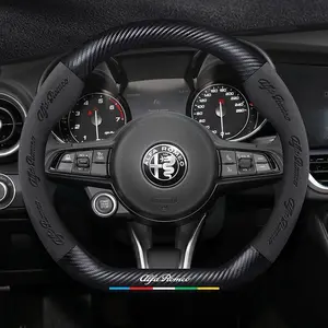 Car Emboss Suede Carbon Fiber Steering Wheel Cover, Compatible with Alfa Romeo Gt 147 156 159 166 Giulia Tonale Stelvio Giulietta Mito Milano