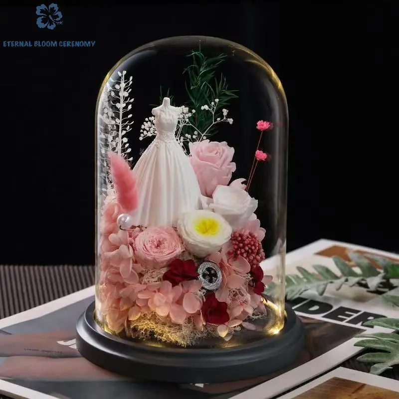 Magical Fluffy Eternal Rose Glass Dome Ornament - Bridal Gown-Inspired Home Decor Statue with Artificial Plants, Bridal Gown Centerpiece for Valentine's Day Gifts