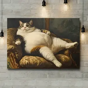 1PC 2D Flat Print Funny Fat Cat Lying on Sofa Canvas Wall Art - Renaissance Style Unframed Art Print, Ready To Hang Humorous Home Decor for Living Room, Bedroom, Office, Dorm, Ideal for Cat Lovers & Whimsical Decor Fans bedroom wall decor