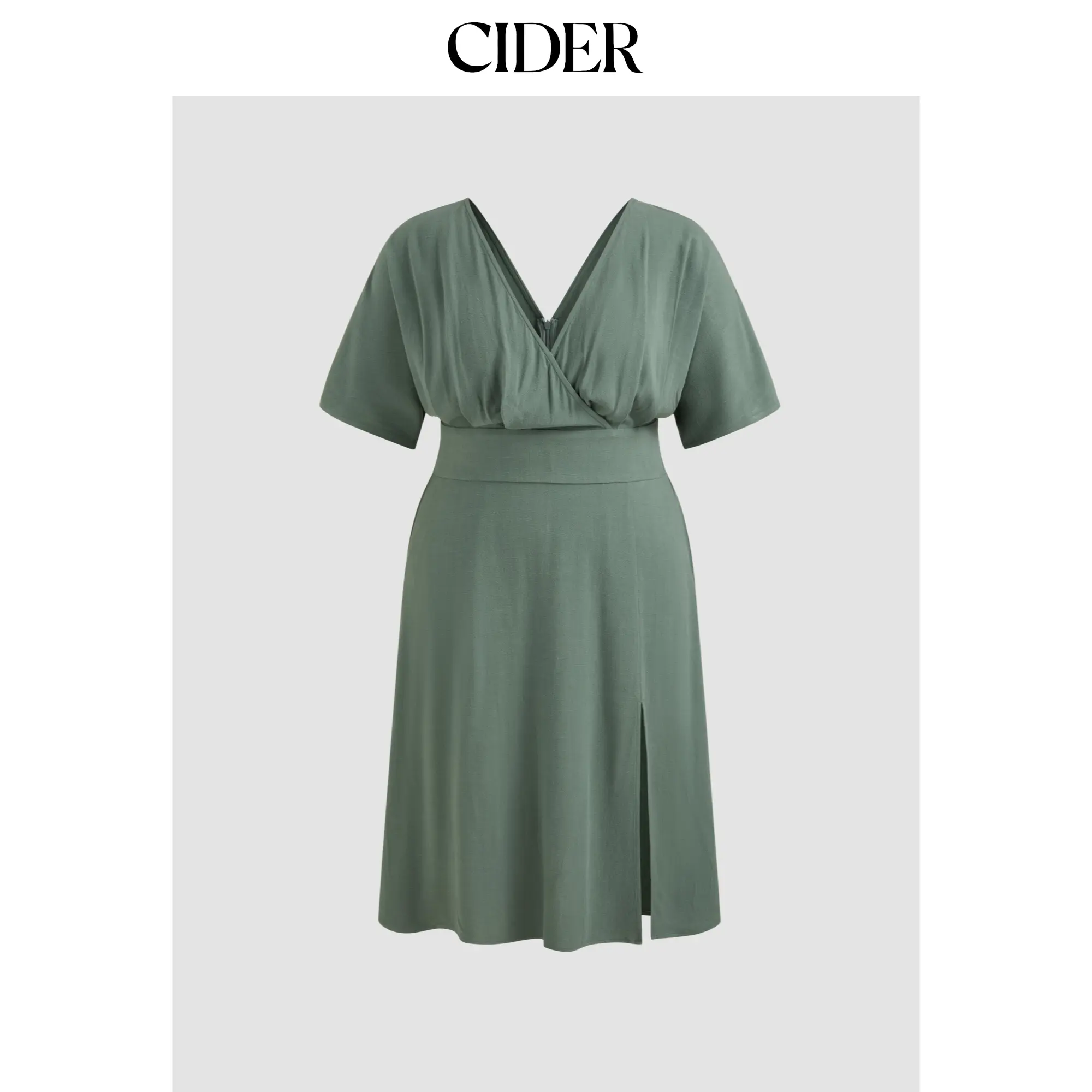 Cider Women's Curve & Plus Size Casual Linen-Blend Maxi Dress, 0-24 Sizes, V-Neck Solid, Zipper Pocket, Side Split, Pull-On, Elegant Party-Ready, Rayon Woven Fabric