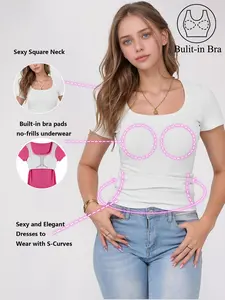 1 pcs 2025 women's round neck fitted shirt t-shirt with built-in chest pads, basic short sleeve summer t-shirt tops, casual and versatile, women's summer must-have short sleeve 021