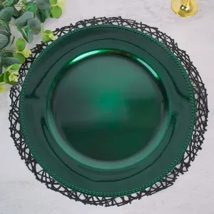6-Pack Acrylic Charger Plates 13" Round Hunter Emerald Green Beaded Rim - Dinner Charger Tabletop Decor