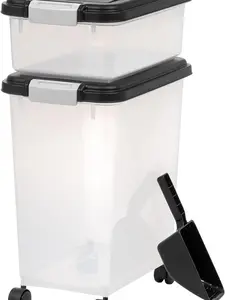 USA 3-Piece 35 Lbs / 45 Qt WeatherPro Airtight Pet Food Storage Container Combo with Scoop and Treat Box for Dog Cat and Bird Food, Keep Pests Out, Translucent Body, Easy Mobility, Black