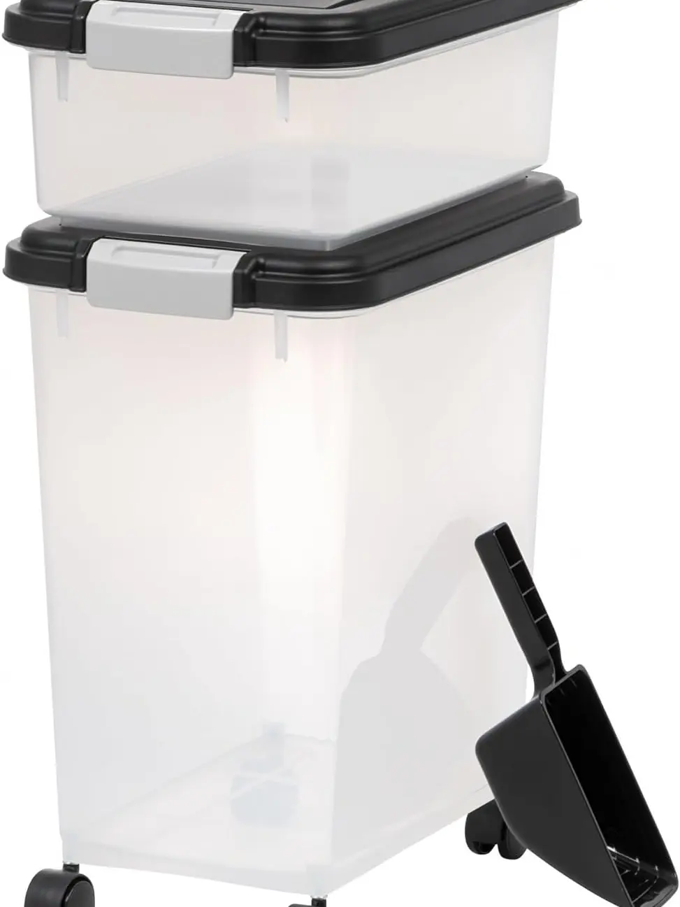 USA 3-Piece 35 Lbs / 45 Qt WeatherPro Airtight Pet Food Storage Container Combo with Scoop and Treat Box for Dog Cat and Bird Food, Keep Pests Out, Translucent Body, Easy Mobility, Black