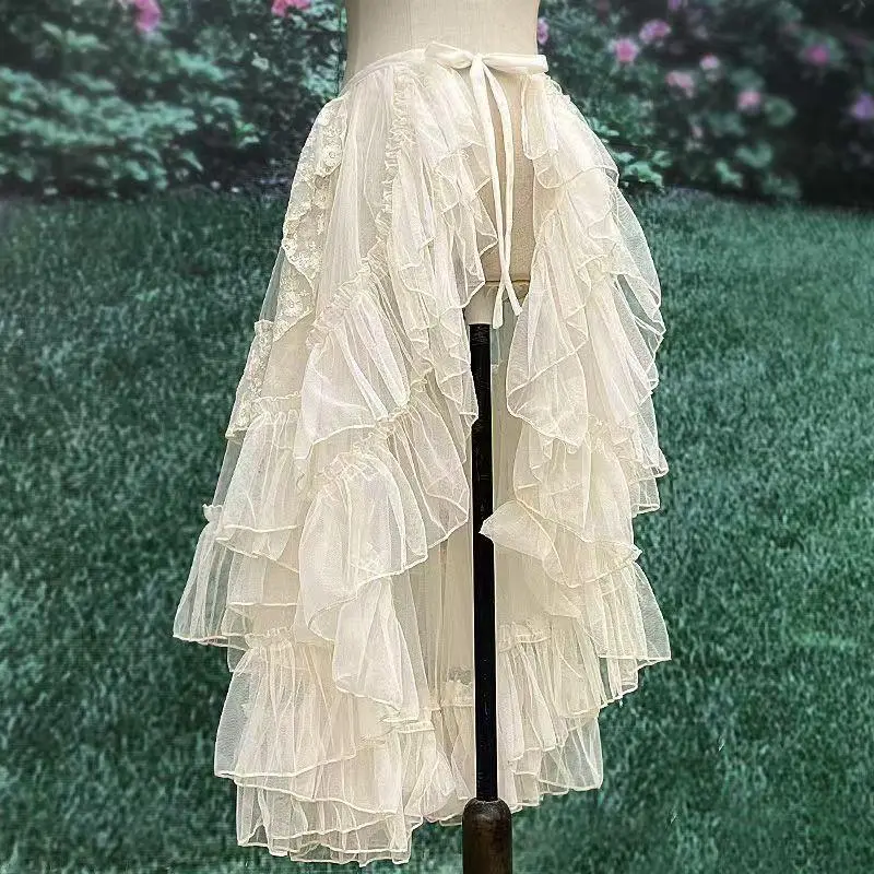 Gothic Lolita Lace Mesh Ruffles Fairy Princess Party Skirt Women Asymmetrical Cute Curtain Sheer Cover Up Thin Long Skirt White