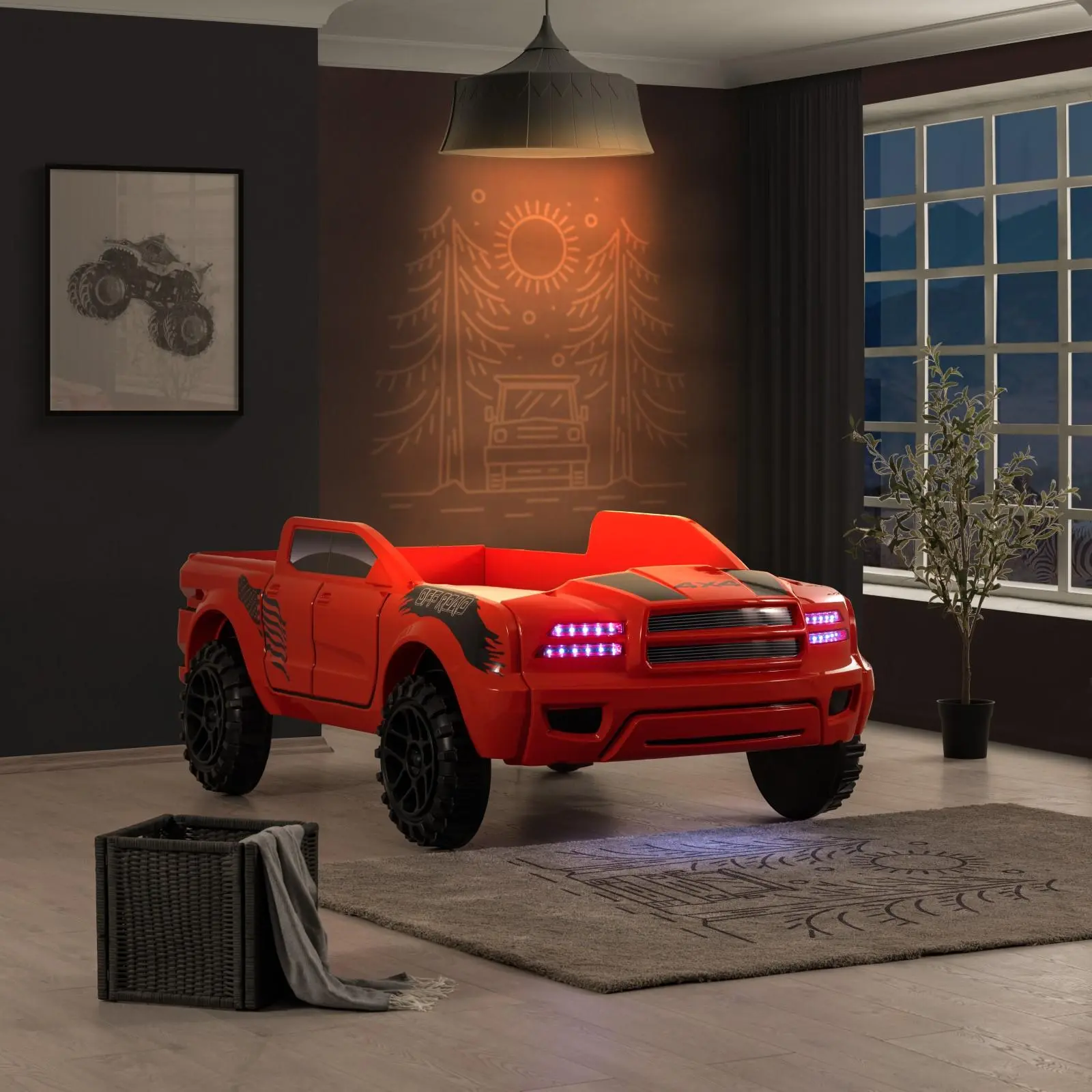 ROVERTON Kids' Twin Size Remote Controlled Car Shape Novelty Bed Frame - ABS Construction, Tire-Detail Look, Remote-Controlled Sound & Light Fun, Mattress-Ready Fit, Indoor Furniture