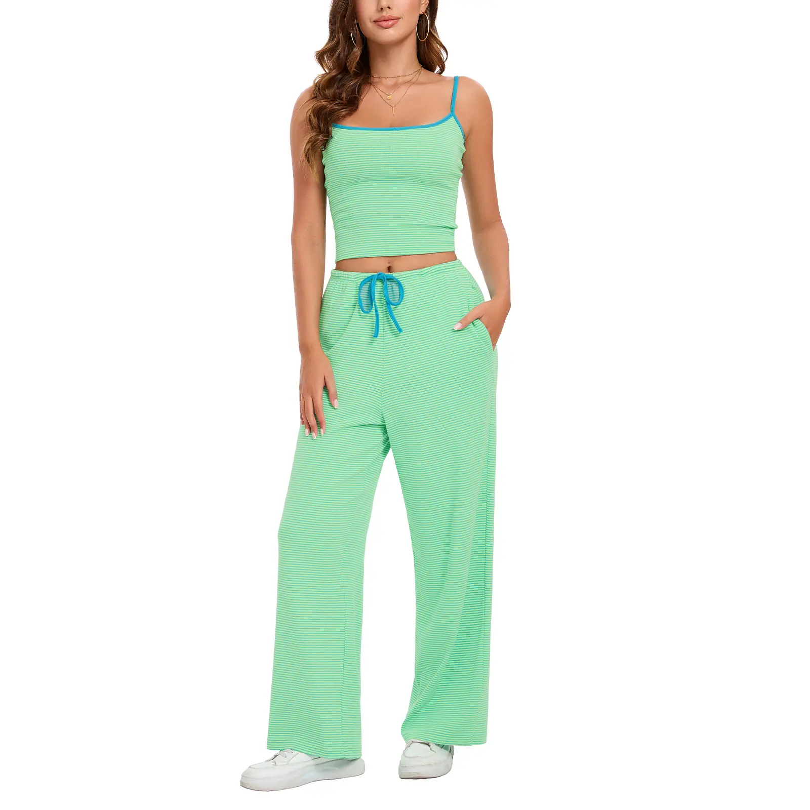 FAIABLE 2 Piece Sets for Women Striped Tank Tops Casual Camisole Wide Leg Long Pants Y2K Lounge Set Vacation Summer Beach Casual Outfits