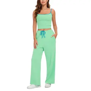 FAIABLE 2 Piece Sets for Women Striped Tank Tops Casual Camisole Wide Leg Long Pants Y2K Lounge Set Vacation Summer Beach Casual Outfits
